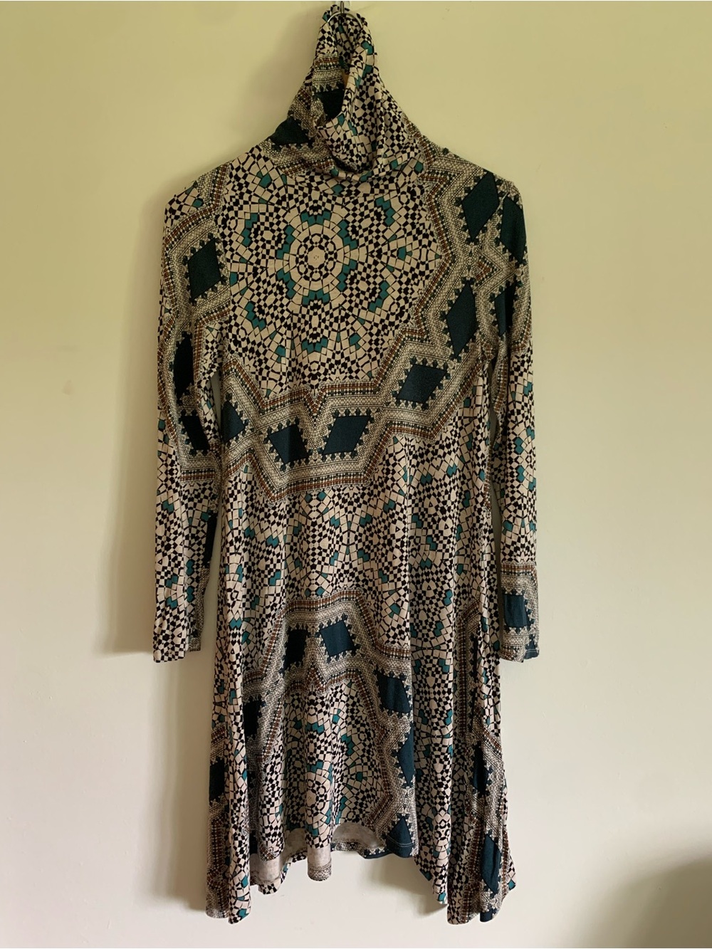 Anthropologie Maeve Geometric Kaleidoscope Long Sleeve Turtleneck Swing Dress, S